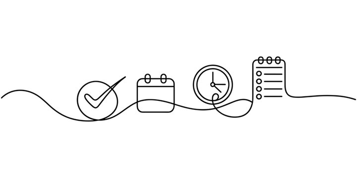 Black line of checkmark calendar clock and notepad on wavy line 
continuous one line drawing in white background


