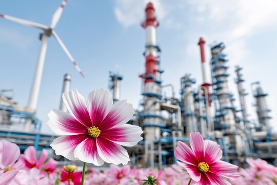 Contrast between industrial refinery background and blooming pink white flowers in foreground representing environmental sustainability and green energy