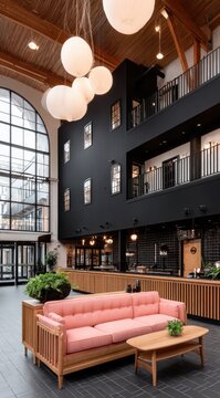 Lobby with high ceilings, pink couch, and black accents