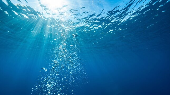 水中から見上げる太陽の光と気泡