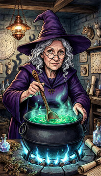 Fantasy illustration of a witch making magic elixir in a fiery cauldron