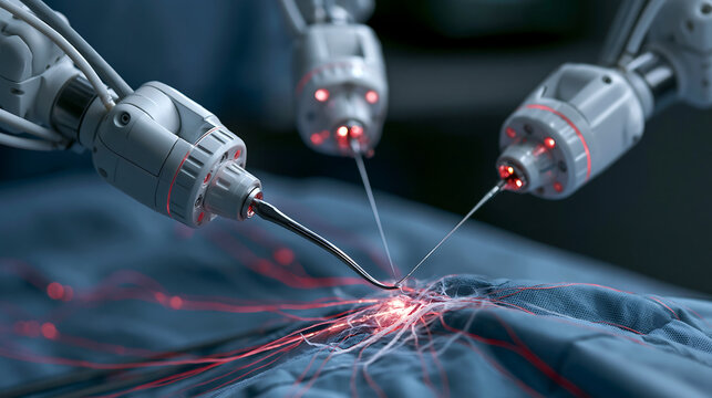 futuristic medical robot arm performing precision minimally invasive surgery procedure on patient in bright modern hospital operating room