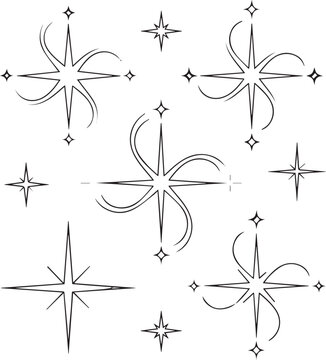 Sparkle stars with wavy magic trails, star shape silhouette with swirly twink on No Background