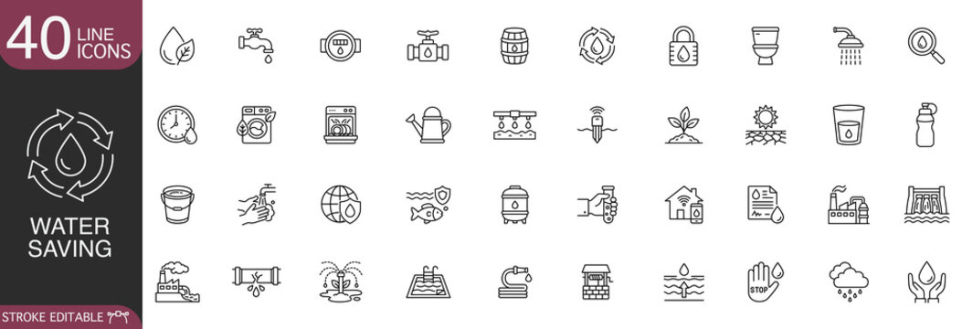 Water saving and ecology conservation editable stroke line icon vector set.