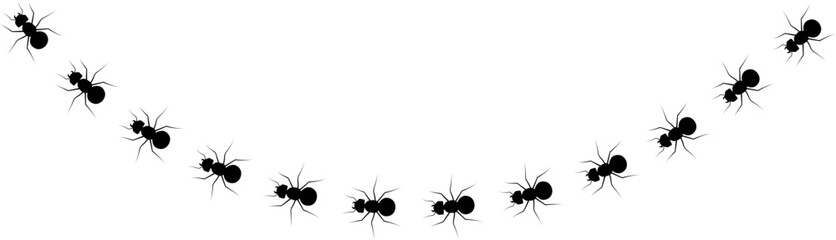 Ant walk icon with insect trail, crawling ants path bug movement line and tiny animal silhouettes, black flat vector illustration elements isolated on white background for nature design © Asia