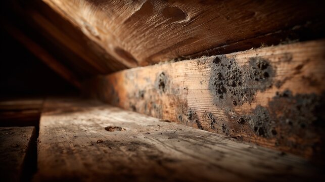 Basement crawlspace showing hidden black mold on wooden joist and subfloor indicating moisture intrusion and need for mold remediation and waterproofing.