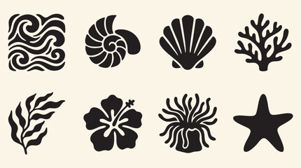 Fototapeta premium Organic Coastal Icon Set – Minimal Marine Vector Collection with Waves, Seashell, Coral, Seaweed, Starfish and Tropical Beach Elements