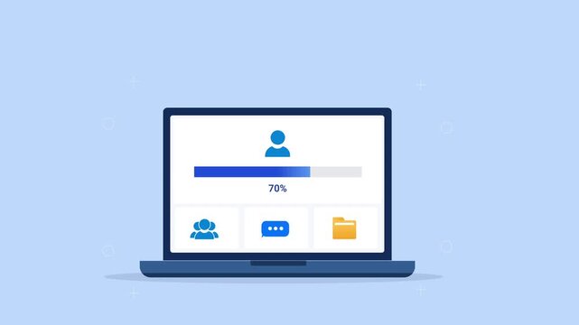 Modern flat vector animation of a laptop displaying a user profile dashboard with cloud storage, messaging, folder icons, and progress bar. Ideal for account management, software, and web technology p