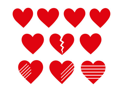 Heart icon collection, love symbol set, broken and striped heart vector illustration