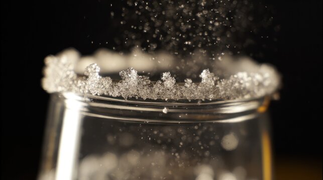 Close up of a glass rim coated with sugar with falling sugar crystals