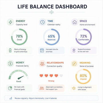 A life balance dashboard displays metrics for energy, time, space, money, relationships, and meaning to help achieve balance.