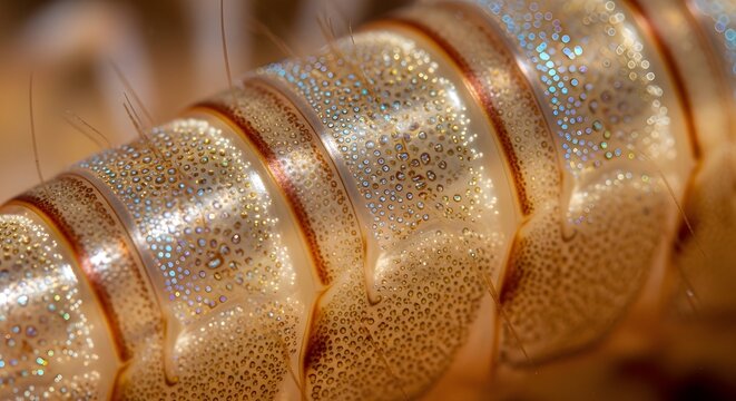 Extreme macro photograph of a crustacean exoskeleton showing iridescent blue and gold spots on the chitinous abdominal segments of a shrimp or lobster with fine sensory hairs.