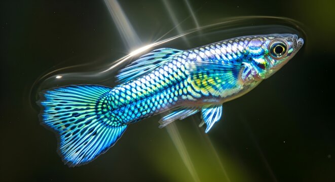 Extreme macro photography of an iridescent blue and green guppy fish (Poecilia reticulata) with detailed scale patterns swimming against a dark background with light bokeh.