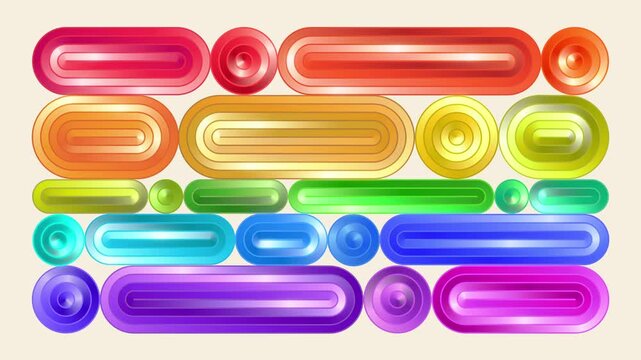 Geometric rainbow button shapes, seamless loop. Modern colorful abstract motion background striped pattern.