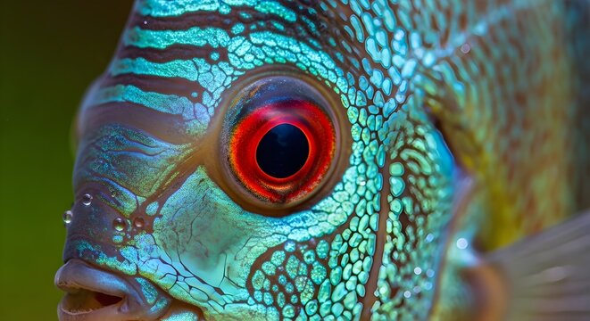 Extreme macro portrait of a tropical cichlid fish featuring a vivid red eye and iridescent turquoise scales with a complex mosaic pattern and small water droplets on the surface.