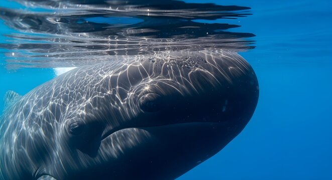 Extreme telephoto shot of a whale swimming just below the surface of clear blue ocean water with sunlight caustics reflecting on its smooth dark skin and head.