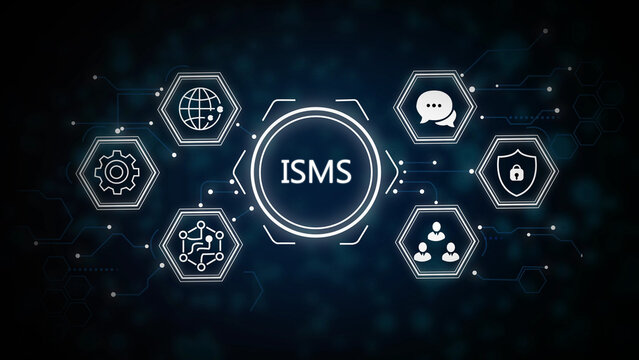 Blue gradient background, with isms text, center, surrounded by, information security and, data protection symbols
