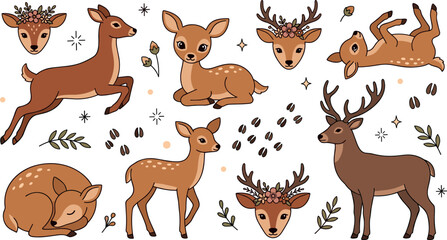 Obraz premium Cute Woodland Deer and Fawn Vector Illustration Set Featuring Stag, Sleeping, Jumping, and Floral Antler Elements for Nursery Designs