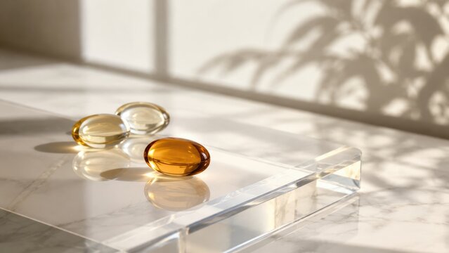 Close-up of three translucent gel capsules in warm sunlight on a clear acrylic surface with soft shadows