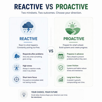 An infographic compares reactive and proactive mindsets, illustrating their differences in approach and outcomes.
