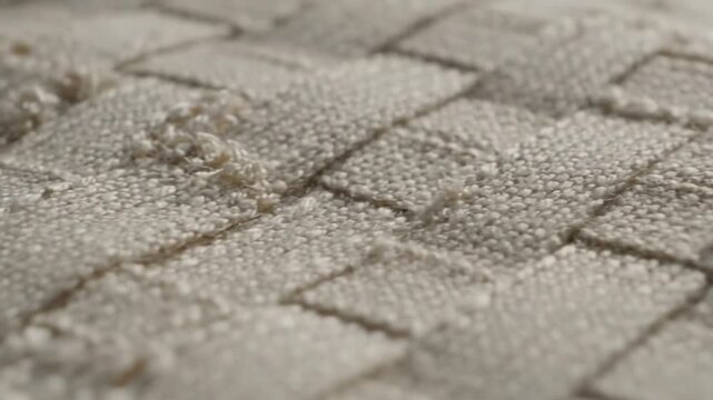 Close-up of a tightly woven, off-white textured fabric creating a basket weave pattern with a shallow depth of field