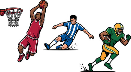 Dynamic Sports Athlete Vector Set Featuring Basketball Player Slam Dunking, Soccer Player Sliding Tackle, and American Football Player Running with Ball Graphics © Shareful
