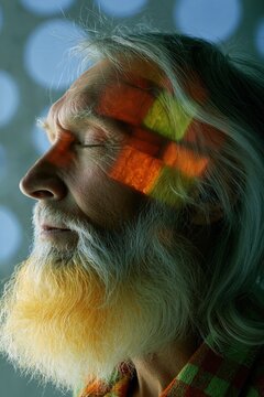 Elderly bearded man with projected geometric color blocks on face and closed eyes for serene background and poster design