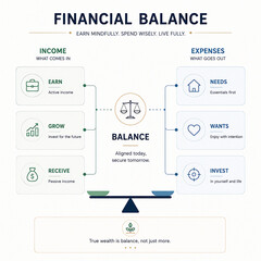 Naklejka premium A diagram illustrates the concept of a financial balance, balancing income sources against various expense categories.
