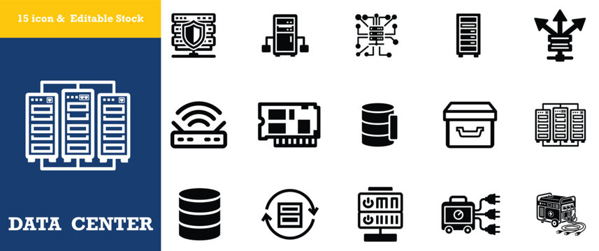 Server and networking hardware icons for data center maintenance and technical support.