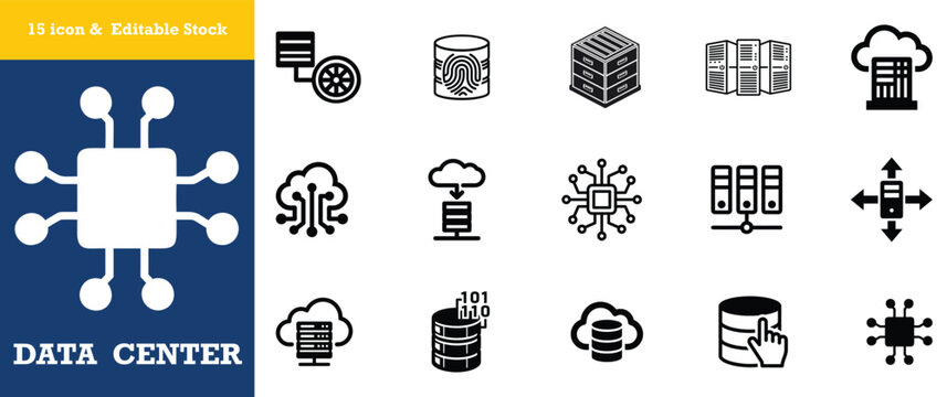 Set of data center networking and server infrastructure icons in flat black style design.