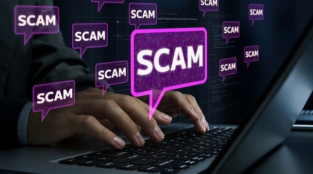 Cybersecurity Scam Alert Concept Showing Fraud Warning Messages Above Laptop During Online Activity and Digital Communication