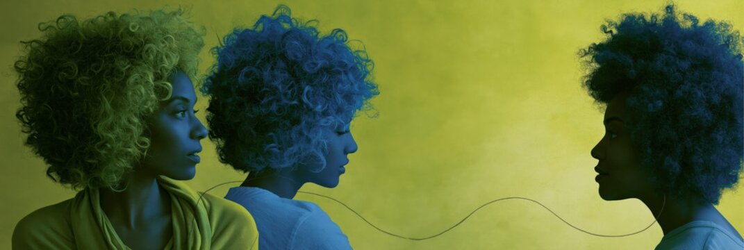 Three women profiles with afro hair in green yellow tones for conversation banner and editorial wallpaper design