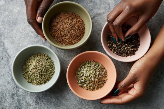 Top view ceramic bowls with seeds and peppercorns held by hands for spice ingredient background and cooking banner