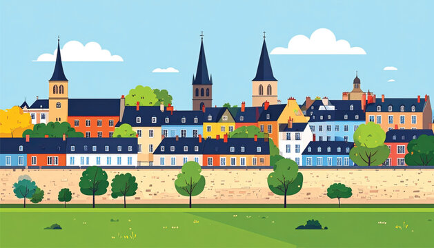 Colorful European City Skyline With Towers.