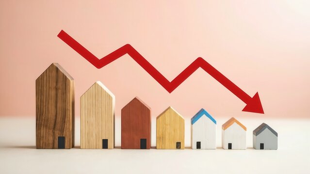 Miniature wooden houses with red arrow pointing down showing real estate market decline