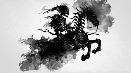 Fototapeta premium Abstract illustration of a skeletal figure riding a dark horse against white backdrop