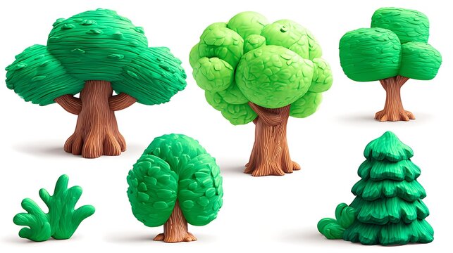 Three green pine trees with brown trunks arranged in a horizontal row on a white background