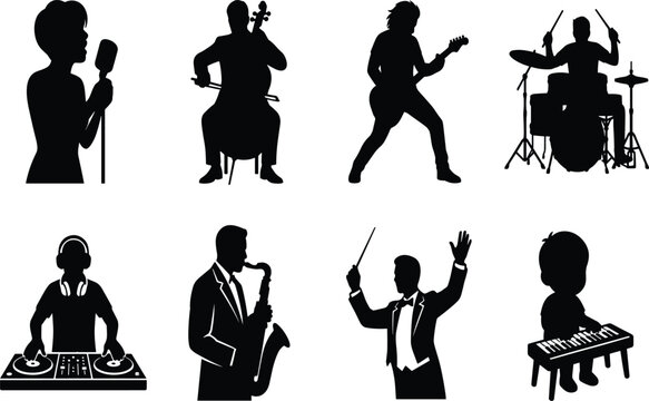 Musicians and performers silhouette icon set including singer guitarist drummer dj conductor and instrumentalists