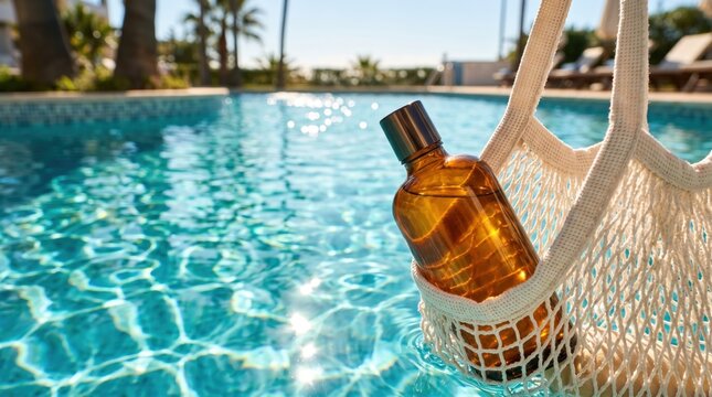 Amber sunscreen bottle in mesh bag by pool