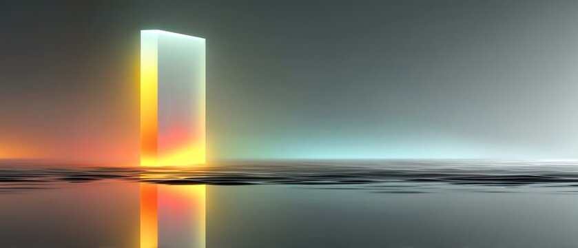 A luminescent rectangular monolith reflects on a dark, wet surface, with gradients of light