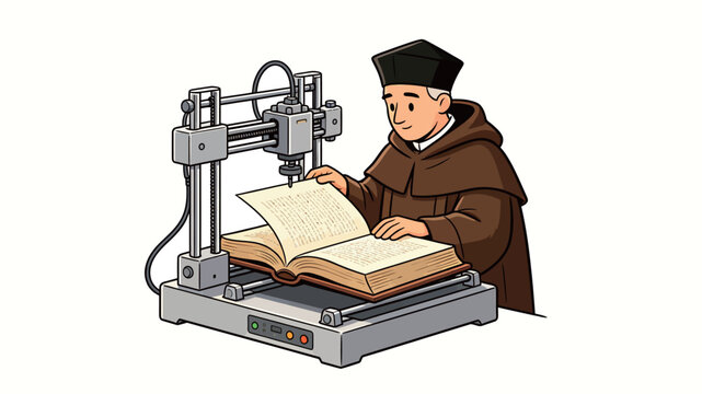 Medieval monk operating a modern 3D book scanner to digitize ancient manuscripts with precise technology in a clean educational setting