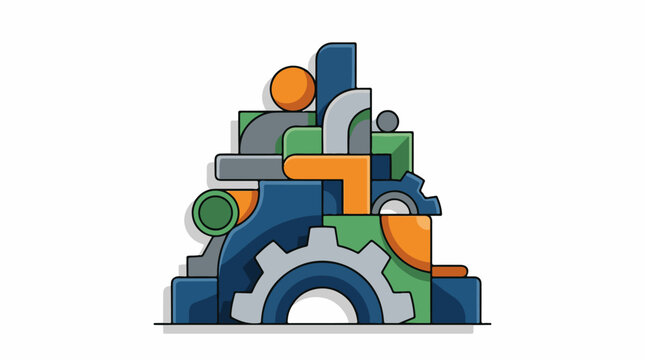 A colorful abstract illustration of interlocking gears and shapes