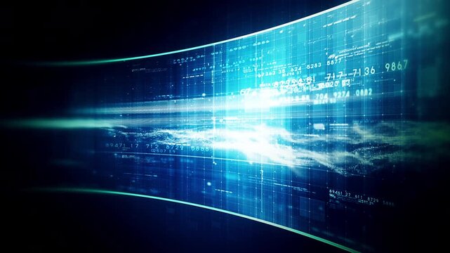 Futuristic data network visualization with glowing digital streams, big data analytics interface, cyber technology background and communication system in curved virtual display