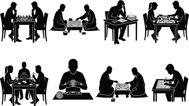 Strategy Board Games and Logic Puzzles Vector Silhouette Icon Set Showing People Playing Chess Cards and Go
