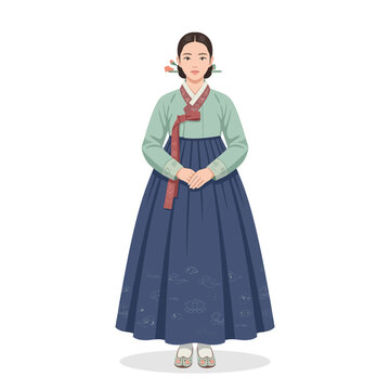 A full-body illustration of a woman wearing traditional 19th-century Korean hanbok, featuring a pale green jacket and a long, dark blue patterned skirt.