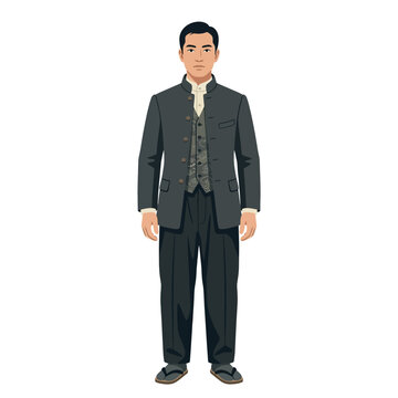 A flat vector illustration of an 1800s Japanese man wearing a traditional high-collar suit, vest, and zori sandals, reflecting Meiji-era style.