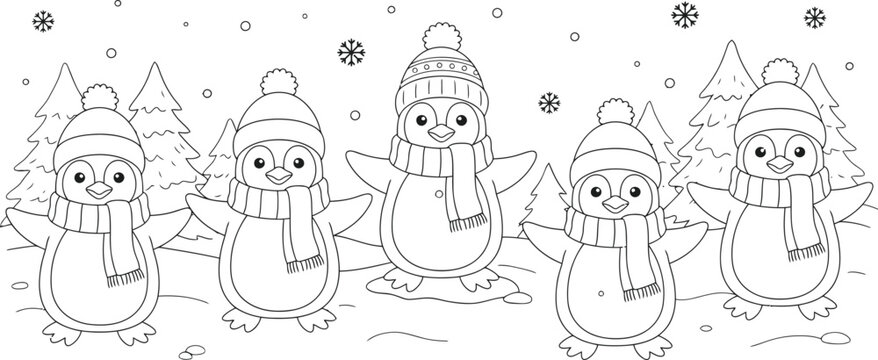 Charming winter scene with adorable penguins wearing hats and scarves amongst snow covered trees on a white background