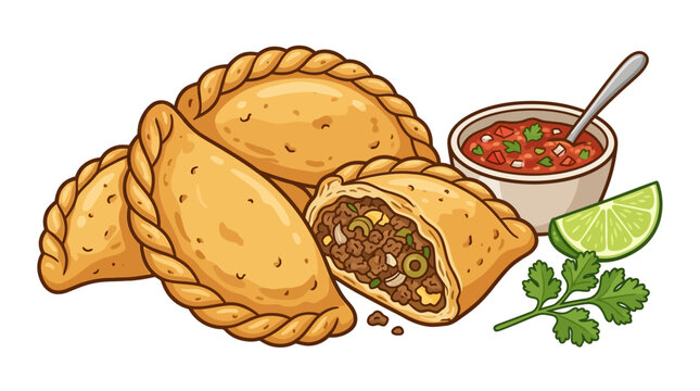 Delicious empanadas with salsa and lime.