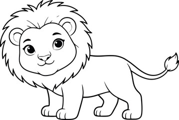 Obraz premium Adorable cartoon lion cub drawing with a fluffy mane and big eyes on a white background for childrens illustrations