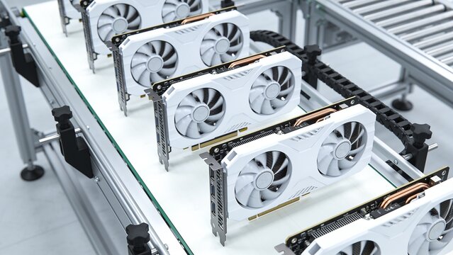 An assembly line features multiple white graphics cards moving along a manufacturing conveyor belt.